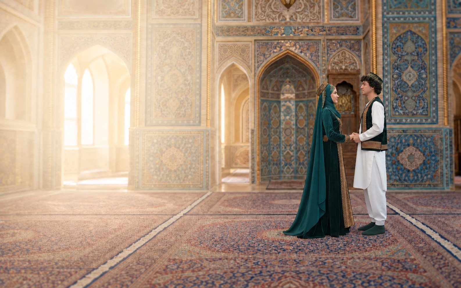 Afghan couple in traditional clothing in an ornate cultural hall